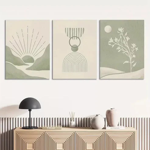 3pcs Sage Green Mid Century Modern Art with Golden Wall Art Set Canvas Unframed - High Quality Print 100% Australian Made Wall Canvas