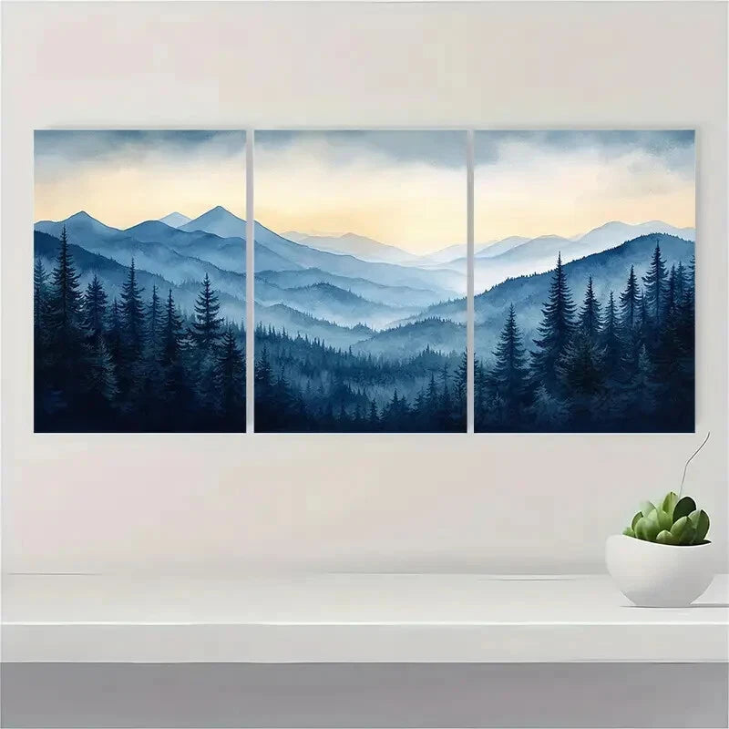 3pcs Painting Smoky Mountains Landscape Metal Print Ready to Hang Art - Bella Home Decor