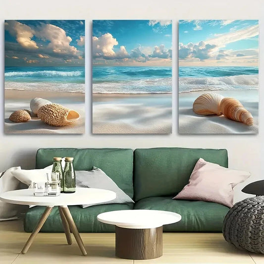 3pcs Sea Shells On White Sand Beach Metal Print Ready to Hang Art