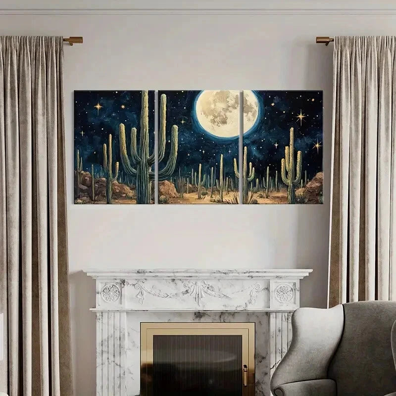3pcs Moonlit Desert Cactus Night Sky Stars Metal Print Ready to Hang Art - Bella Home Decor