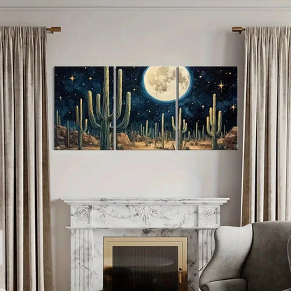 3pcs Moonlit Desert Cactus Night Sky Stars Metal Print Ready to Hang Art - Bella Home Decor