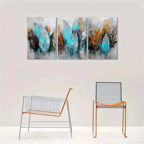 3pcs Abstract Feather Blue and Brown Wall Art Canvas Unframed - High Quality Print 100% Australian Made Wall Canvas - Bella Home Decor