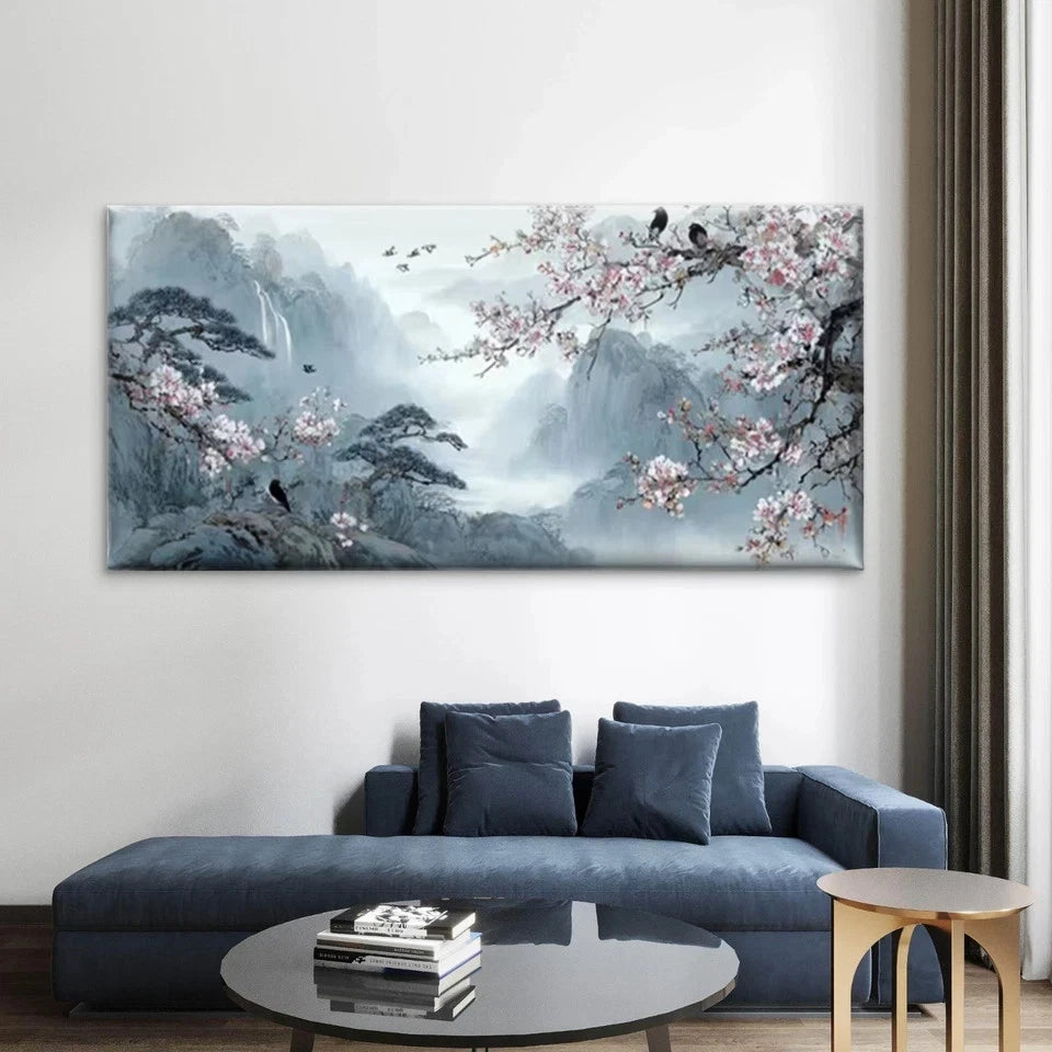 Plum Blossom & Misty Mountains Wall Art Canvas Office Home Room Framed 120x60cm