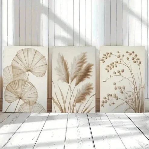 3pcs Pampas Grass & Reed Leaves Minimalist Wall Art Set Canvas Unframed - High Quality Print 100% Australian Made Wall Canvas