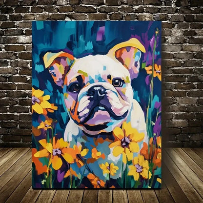 Beautiful Cute Bulldog with Vibrant Flowers Painting 40x60cm Metal Print Ready to Hang - Bella Home Decor