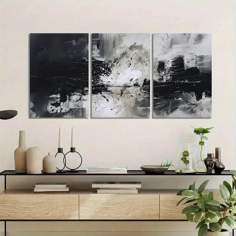 3pcs Abstract Black & White Brushstrokes Metal Print Ready to Hang Art - Bella Home Decor