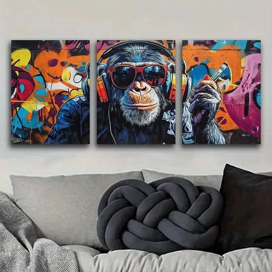 3pcs Vibrant Deco Monkey with Headphones Metal Print Ready to Hang Art