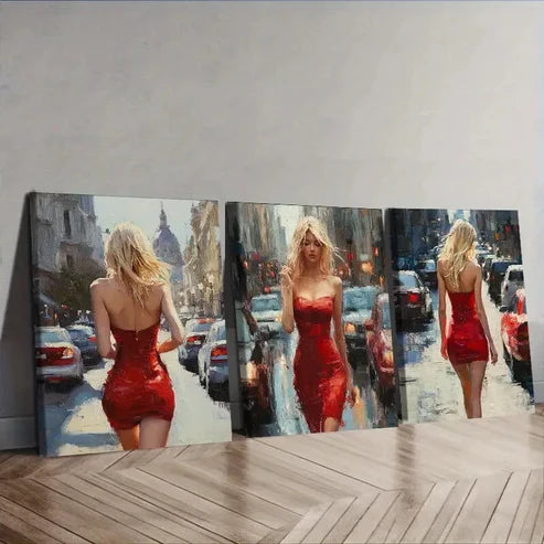 3pcs The Blonde Woman in the Red Dress Wall Art Set Canvas Unframed - High Quality Print 100% Australian Made Wall Canvas
