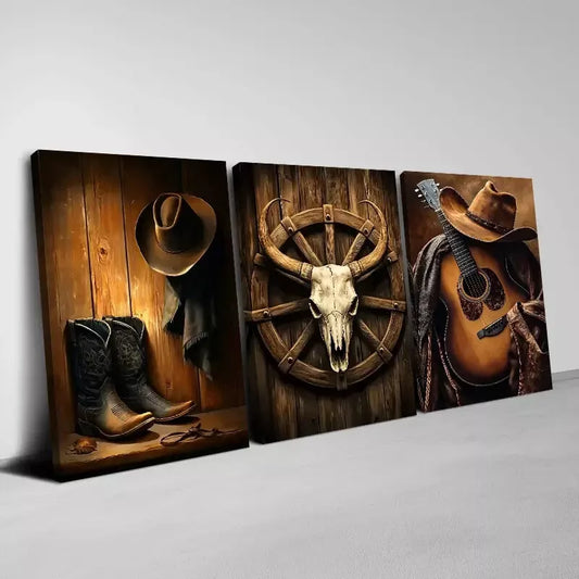 3pcs Western Cowboy Themed Horse Guitar & Skull Wall Art Set Canvas Framed 50x70cm - High Quality Print 100% Australian Made Wall Canvas Ready to Hang