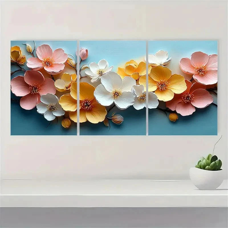 3pcs Pastel Pink Yellow White Blossoms Metal Print Ready to Hang Art - Bella Home Decor