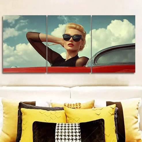 3pcs Woman in black sunglass leaning on a car Wall Art Set Canvas Unframed - High Quality Print 100% Australian Made Wall Canvas