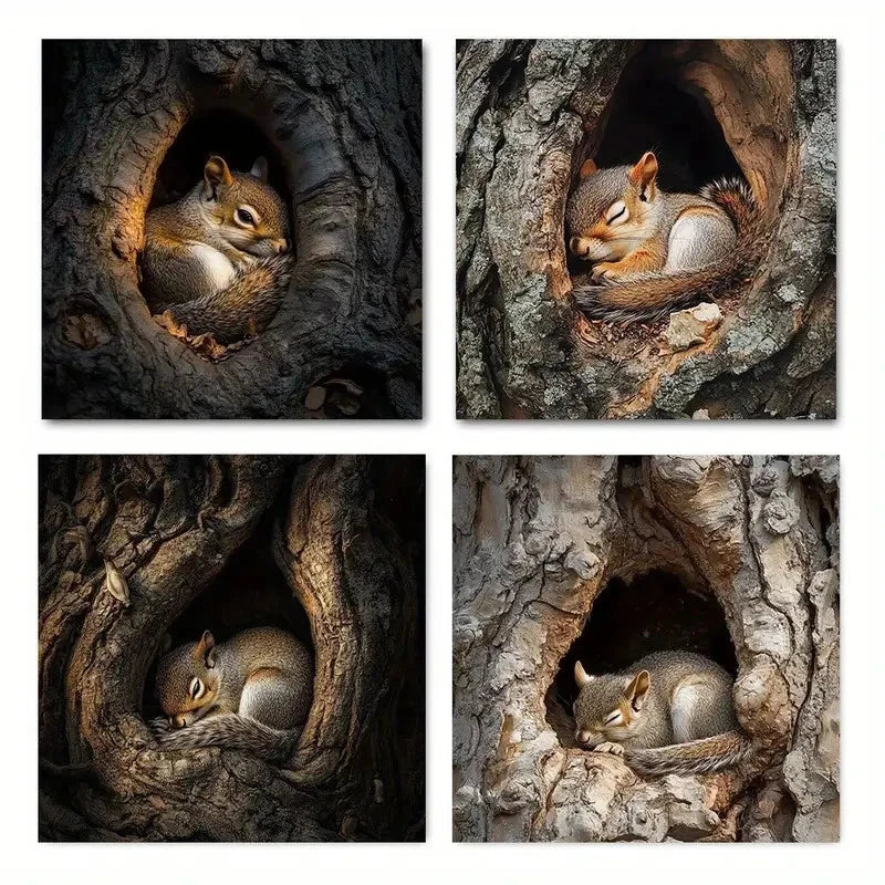 4pcs Vintage Squirrel in Tree Hole Wall Art Canvas Framed