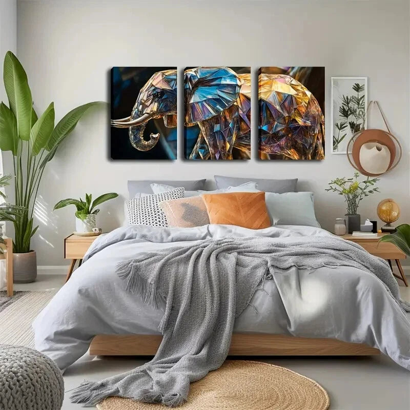 3pcs Abstract Elephant Crystal Triptych Perfect Wall Art Set Canvas Framed 40x60cm - High Quality Print 100% Australian Made Wall Canvas Ready to Hang - Bella Home Decor