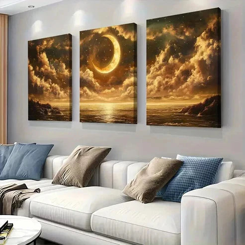 3pcs Golden Moon & Star Reflecting on Stormy Sea Wall Art Set Canvas Unframed - High Quality Print 100% Australian Made Wall Canvas - Bella Home Decor