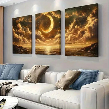 3pcs Golden Moon & Star Reflecting on Stormy Sea Wall Art Set Canvas Unframed - High Quality Print 100% Australian Made Wall Canvas - Bella Home Decor