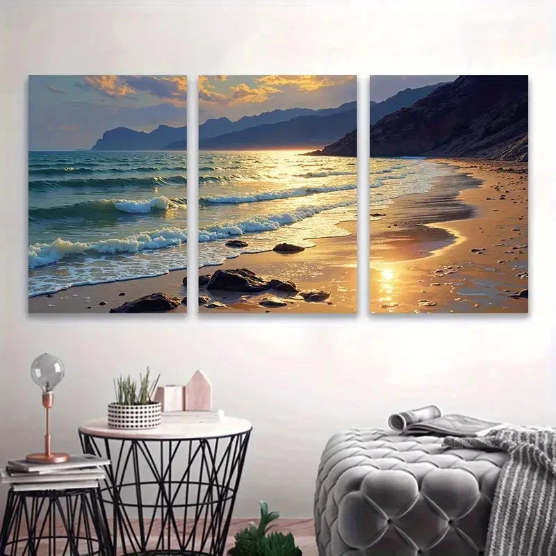 3pcs Sunset Beach Triptych Wall Art Set Canvas Framed 60x90cm - High Quality Print 100% Australian Made Wall Canvas Ready to Hang