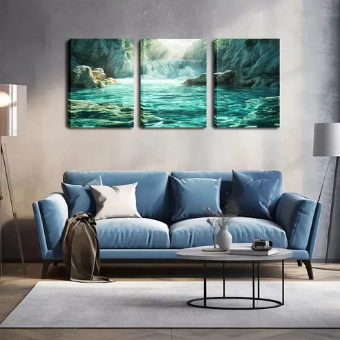 3pcs Serene Green Lake Scene with Waterfall Wall Art Canvas Unframed - High Quality Print 100% Australian Made Wall Canvas