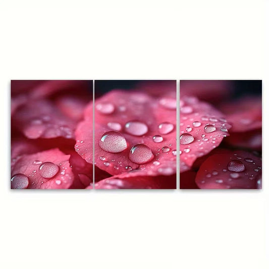 3pcs Macro Photography of Raindrops on Rose Petals Metal Print Ready to Hang Art
