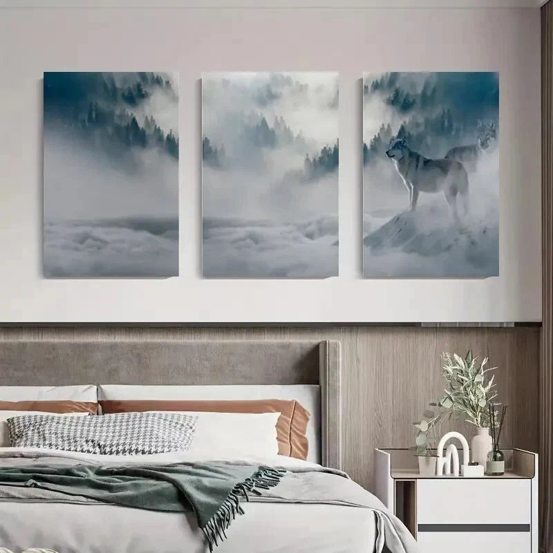 3pcs Wolf in Misty Mountains Snowy Forest Metal Print Ready to Hang Art - Bella Home Decor