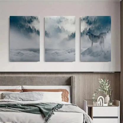 3pcs Wolf in Misty Mountains Snowy Forest Metal Print Ready to Hang Art - Bella Home Decor