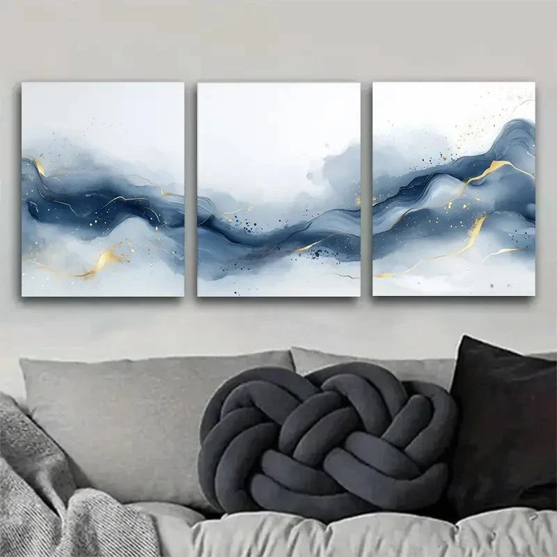 3pcs Abstract Blue and Golden Wave Pattern Metal Print Ready to Hang Art - Bella Home Decor