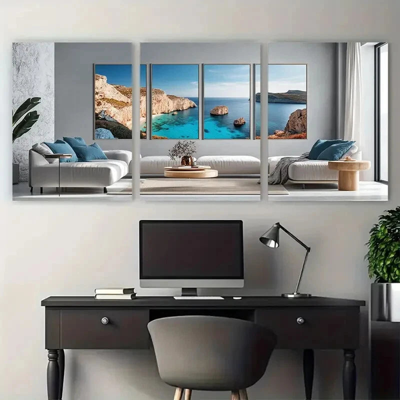 3pcs Scenic Greek Island Scenery with Blue Metal Print Ready to Hang Art