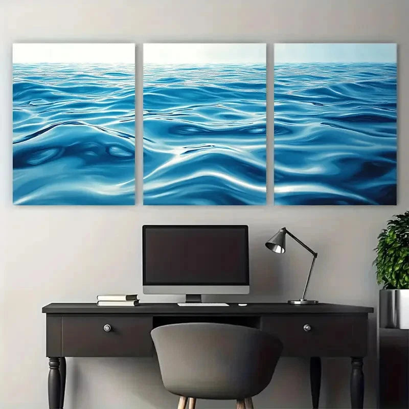 3pcs Coastal Timeless Blue Lake Ripple Abstract Wall Art Set Canvas Framed 50x70cm - High Quality Print 100% Australian Made Wall Canvas Ready to Hang - Bella Home Decor