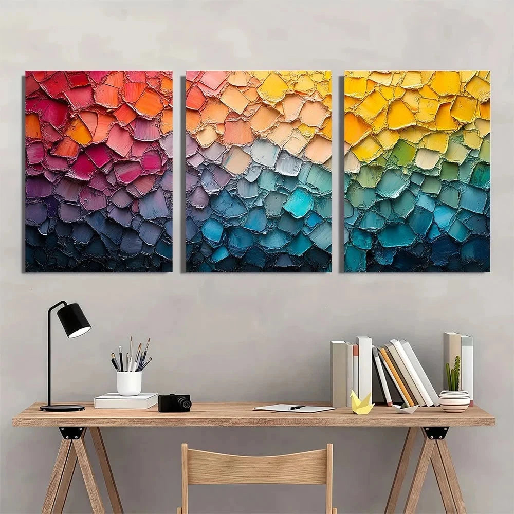 3pcs Vibrant Abstract Modern Mosaic Metal Print Ready to Hang Art - Bella Home Decor