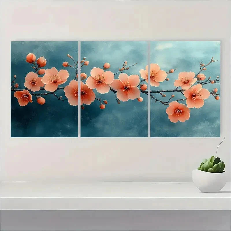 3pcs Peach Blossom Floral Watercolor Art Prints Metal Print Ready to Hang Art - Bella Home Decor