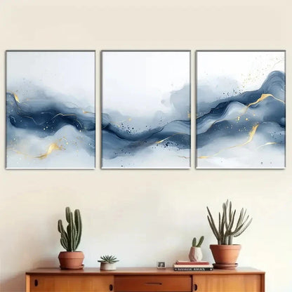 3pcs Abstract Blue and Golden Wave Pattern Metal Print Ready to Hang Art - Bella Home Decor
