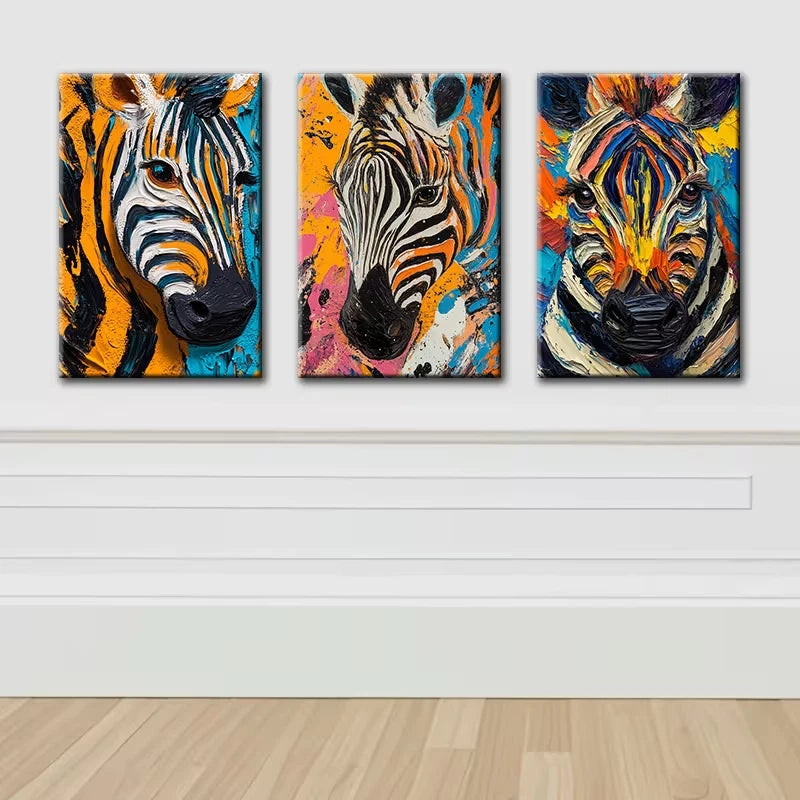3pcs A vibrant zebra Illustration Wall Art Set Canvas Framed 40x60cm - High Quality Print 100% Australian Made Wall Canvas Ready to Hang - Bella Home Decor