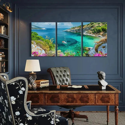 3pcs Seaside Tranquility Sailboat Crystal Metal Print Ready to Hang Art - Bella Home Decor