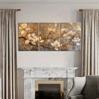 3pcs Magnolia Golden Leaf Floral Art Vintage Metal Print Ready to Hang Art - Bella Home Decor