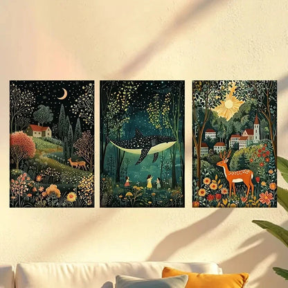 3pcs Tropical jungle Moon Sun and whale deer Wall Art Set Canvas Framed 60x90cm - High Quality Print 100% Australian Made Wall Canvas Ready to Hang