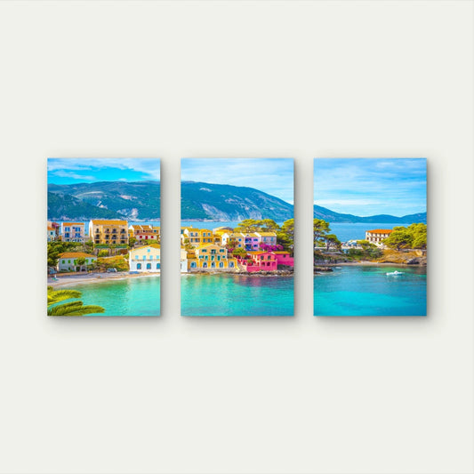 3pcs Colorful Assos Village on Kefalonia Wall Art Set Canvas Framed 60x90cm - High Quality Print 100% Australian Made Wall Canvas Ready to Hang - Bella Home Decor