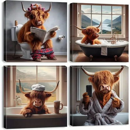 4pcs Rustic Highland Cow Wall Art Canvas Framed