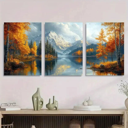 3pcs Autumn Forest & Mountain Landscape Painting Metal Print Ready to Hang Art - Bella Home Decor