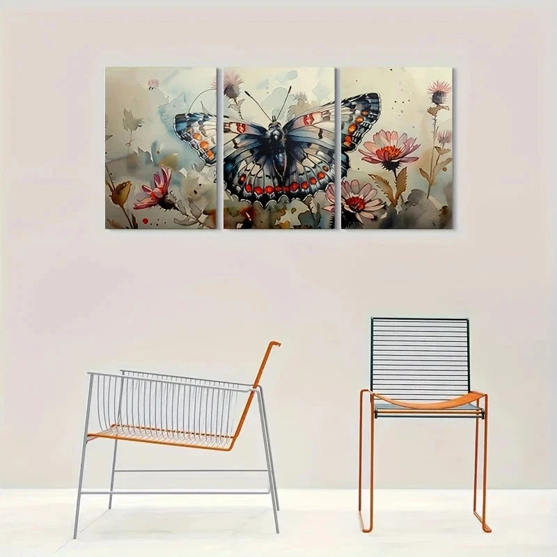 3pcs Vibrant Blue Butterfly Orange Flowers Metal Print Ready to Hang Art - Bella Home Decor