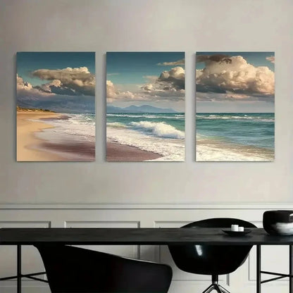 3pcs Beach with Waves and Sand Under a Beautiful Metal Print Ready to Hang Art - Bella Home Decor