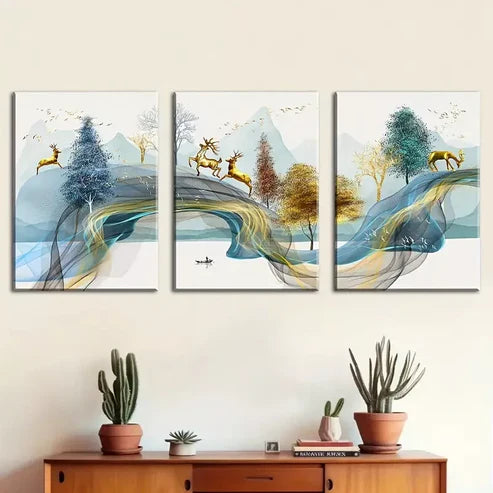3pcs Modern Geometric Abstract Line Deer Forest Wall Art Set Canvas Unframed - High Quality Print 100% Australian Made Wall Canvas