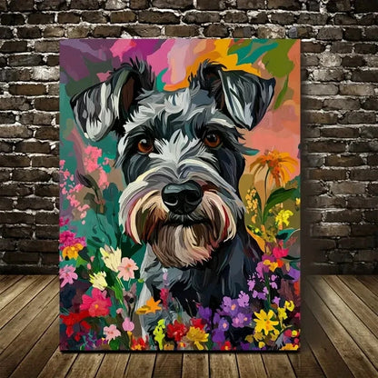 Beautiful Vibrant Floral Dog Painting 40x60cm Metal Print Ready to Hang