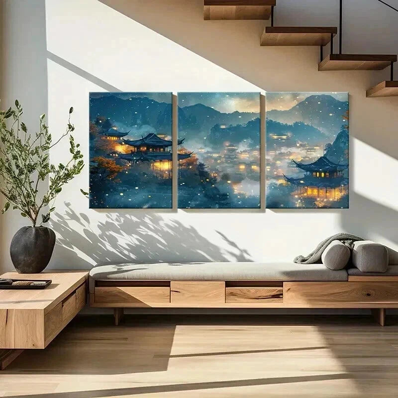 3pcs Retro Chinese Traditional Architecture Wall Art Set Canvas Framed 60x90cm - High Quality Print 100% Australian Made Wall Canvas Ready to Hang - Bella Home Decor