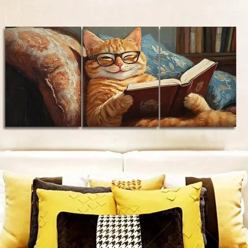 3pcs A cat reading on the couch Style Wall Art Set Canvas Framed 50x70cm - High Quality Print 100% Australian Made Wall Canvas Ready to Hang