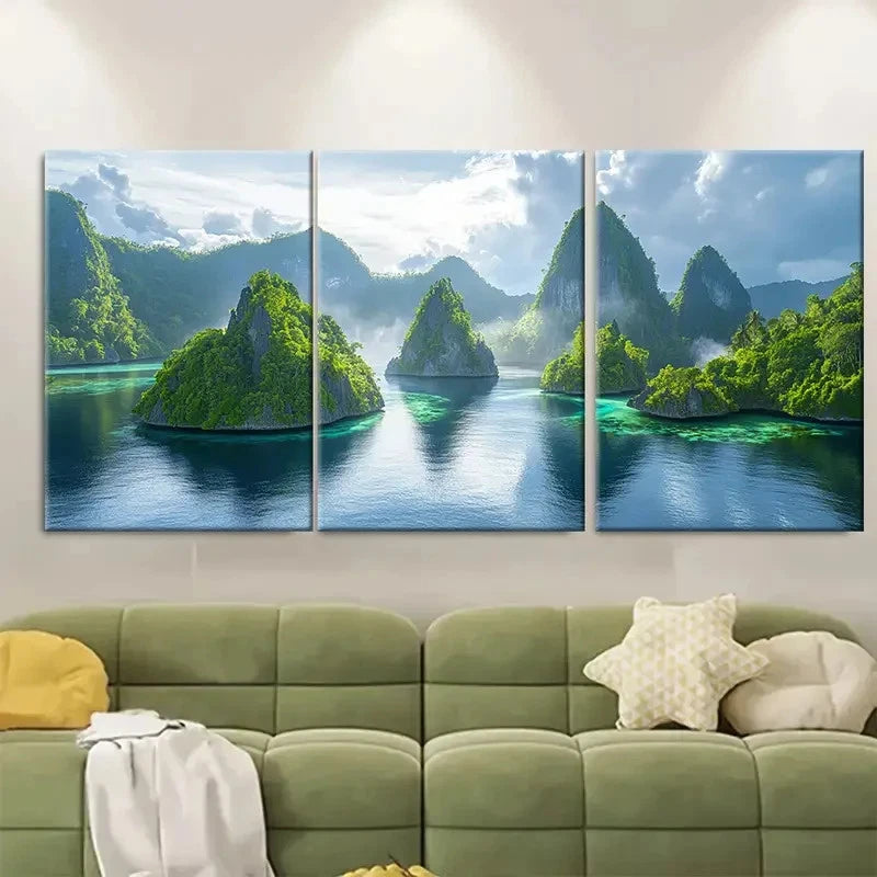 3pcs Mossy Mountain Seascape RY Wall Art Set Canvas Framed 60x90cm - High Quality Print 100% Australian Made Wall Canvas Ready to Hang