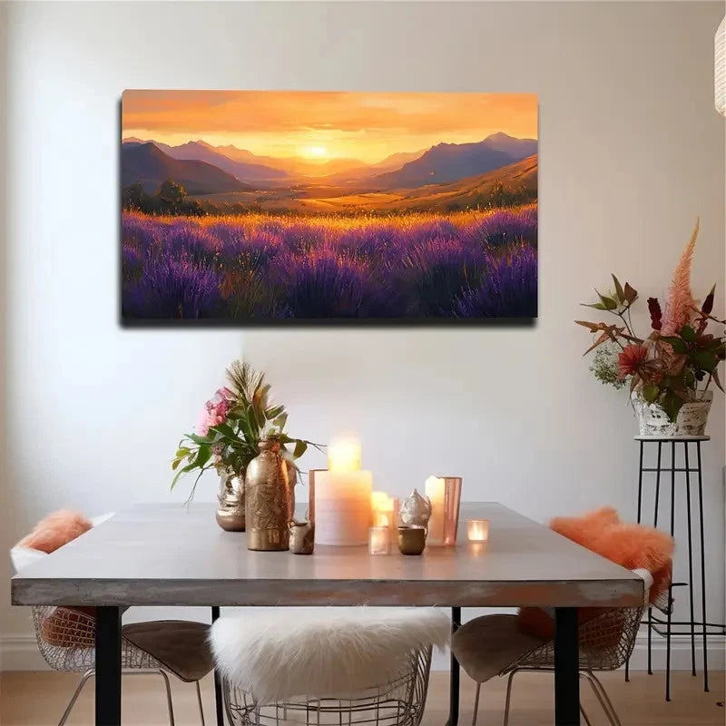 Vibrant Lavender Field Sunset Wall Art canvas office home room framed 120x60cm