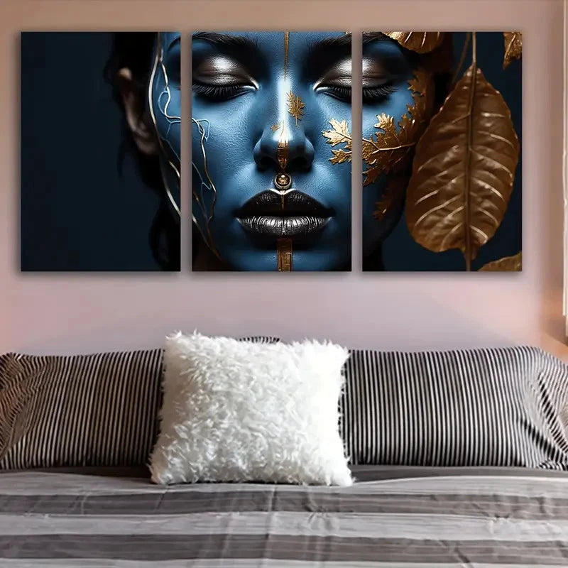 3pcs Woman With Blue Face Paint Wall Art Set Canvas Framed 60x90cm - High Quality Print 100% Australian Made Wall Canvas Ready to Hang