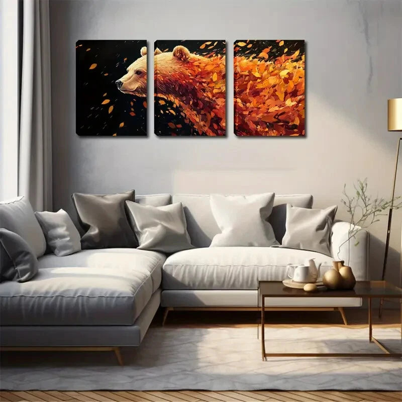 3pcs Modern Bear & Autumn Leaves Décor Perfect Wall Art Set Canvas Framed 40x60cm - High Quality Print 100% Australian Made Wall Canvas Ready to Hang - Bella Home Decor