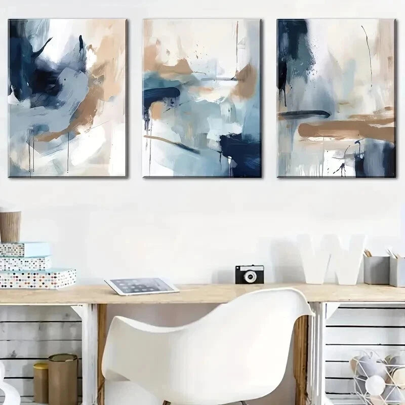 3pcs Navy Blue Abstract Geometric Wall Art Set Canvas Framed 40x60cm - High Quality Print 100% Australian Made Wall Canvas Ready to Hang - Bella Home Decor