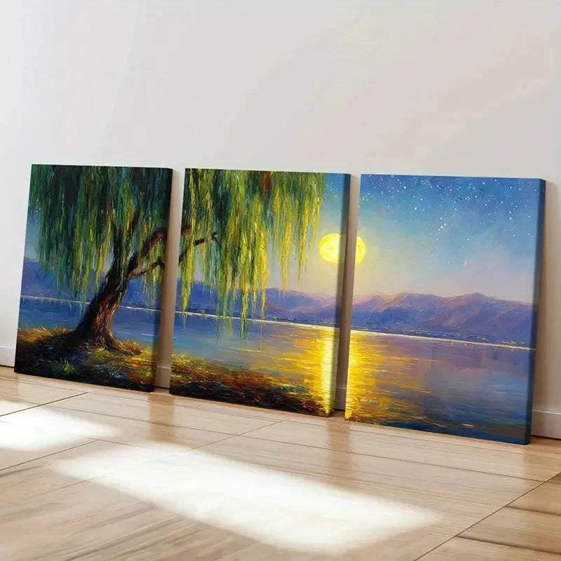 3pcs Moonlit Willow Tree Serene Lake Reflection   Wall Art Set Canvas Framed 40x60cm - High Quality Print 100% Australian Made Wall Canvas Ready to Hang