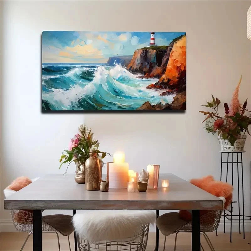 Vibrant Waves & Lighthouse Wall Art canvas Office Home Room Framed 120x60cm